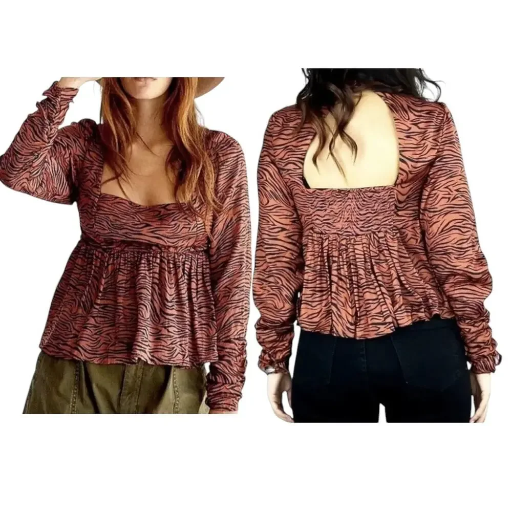 Free People Tiger Print Peplum Top Flouncy Smocked Back Long Sleeve Size XS